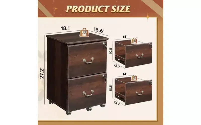 Classeur DEXYLLO 2 tiroirs, petit meuble de bureau avec serrure, meuble de classement roulant sous le bureau pour bureau à domicile