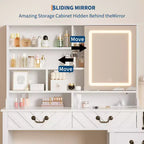 Coiffeuse blanche avec miroir coulissant, station de recharge, support sèche-cheveux, tabouret, tiroirs et rangements, table de maquillage moderne extensible pour chambre à coucher
