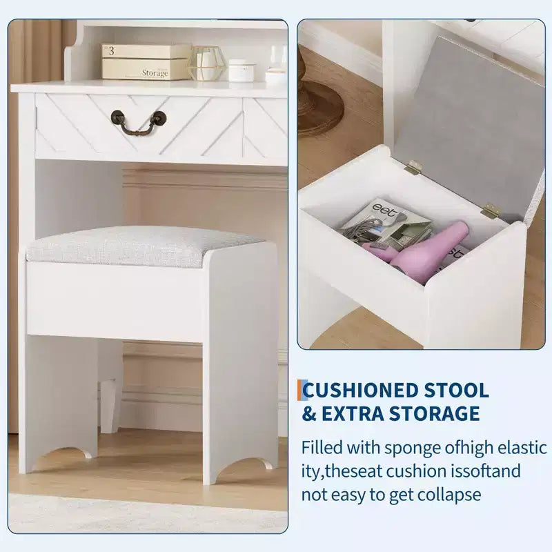 Coiffeuse blanche avec miroir coulissant, station de recharge, support sèche-cheveux, tabouret, tiroirs et rangements, table de maquillage moderne extensible pour chambre à coucher