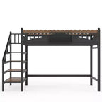 Lit mezzanine en métal ModernLuxe Twin XL/Full/Queen avec escaliers de rangement et étagères, cadre de lit mezzanine robuste, noir