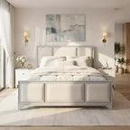 Lit plateforme ModernLuxe en bois avec tête et pied de lit rembourrés beiges, format King/Queen, style ferme moderne