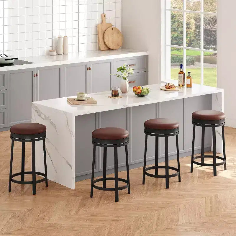 24'' Swivel Bar Stools Set of 4, PU Leather Upholstered, Metal Frame, Backless Round, Counter Height for Kitchen Island/Home Bar