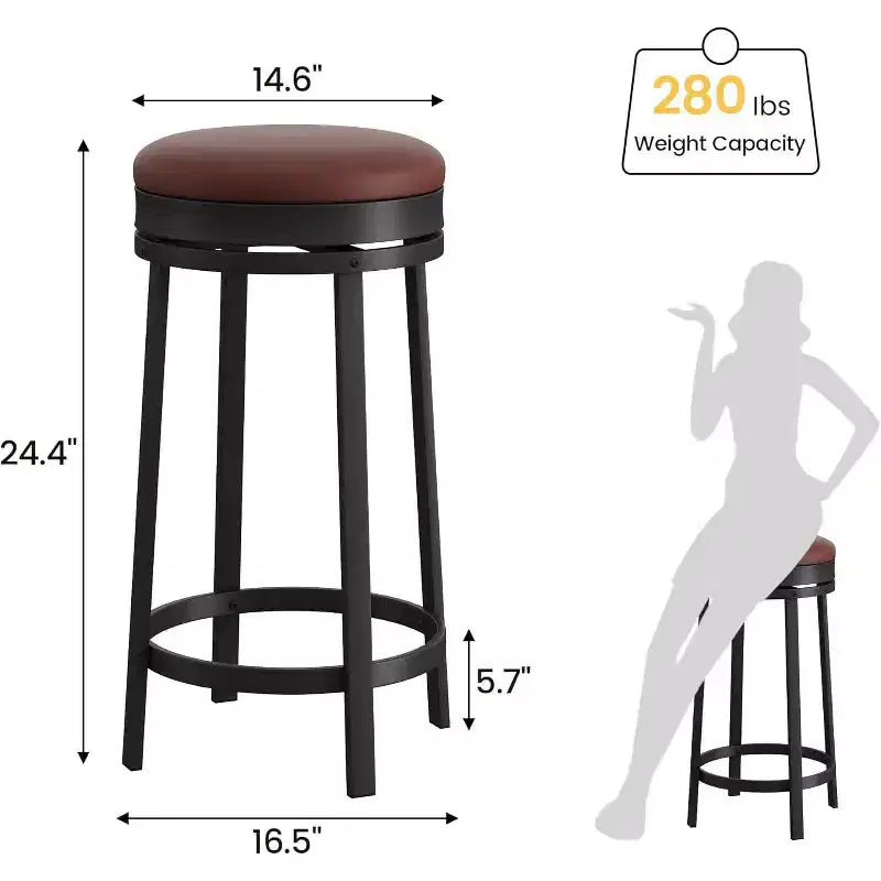 Tabourets de bar pivotants 24 pouces (lot de 4), revêtement en cuir PU, cadre en métal, sans dossier, hauteur comptoir pour îlot de cuisine/bar de maison