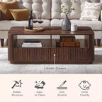Table basse avec rangement, table centrale en bois cannelé de 51 po avec 2 tiroirs, grand meuble de salon rectangulaire, design cannelé moderne