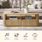 Table basse avec rangement, table centrale en bois cannelé de 51 po avec 2 tiroirs, grand meuble de salon rectangulaire, design cannelé moderne