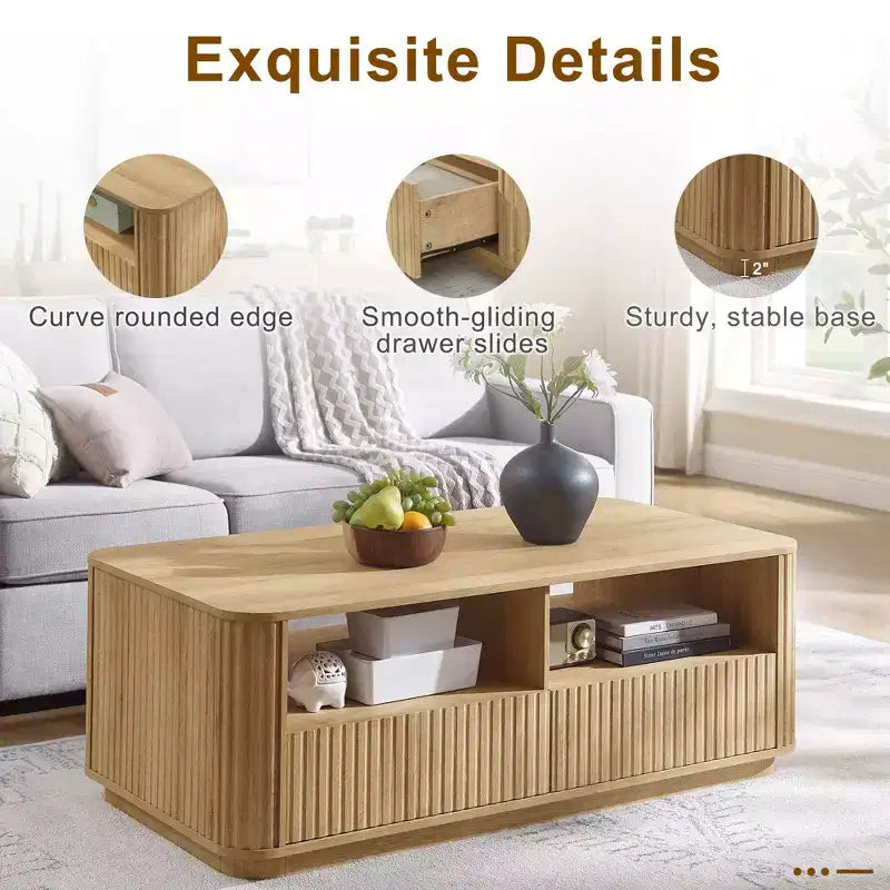 Table basse avec rangement, table centrale en bois cannelé de 51 po avec 2 tiroirs, grand meuble de salon rectangulaire, design cannelé moderne