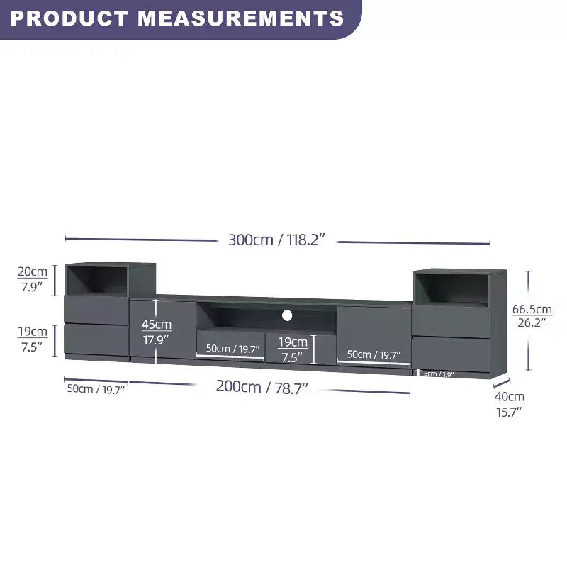 Meuble TV moderne ATJafurn de 300,2 cm pour téléviseurs de 55/65/75 pouces, console média comprenant un meuble TV et un meuble de rangement à 2 tiroirs pour le salon