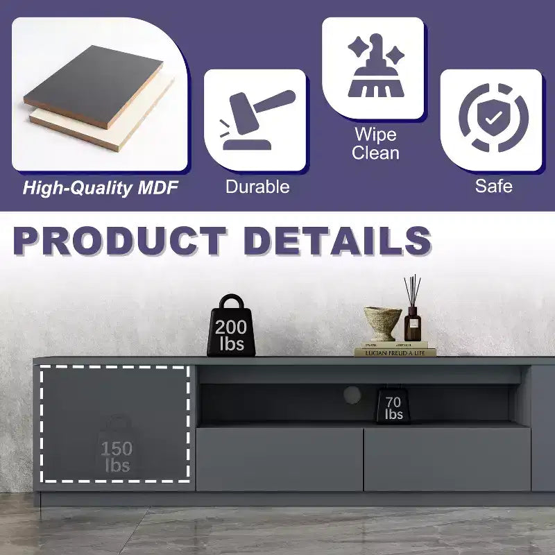 Meuble TV moderne ATJafurn de 300,2 cm pour téléviseurs de 55/65/75 pouces, console média comprenant un meuble TV et un meuble de rangement à 2 tiroirs pour le salon