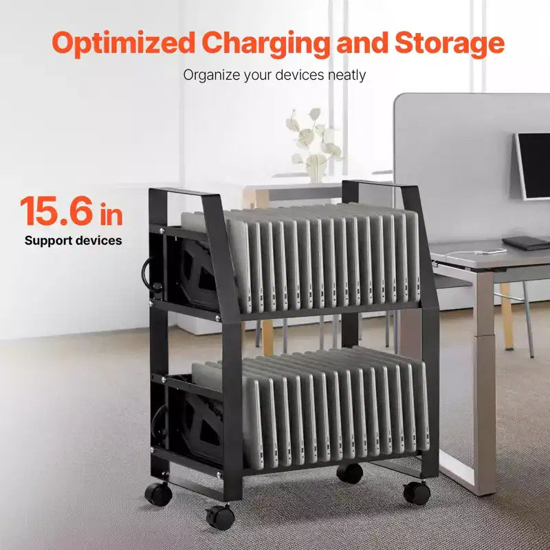 Chariot de chargement VEVOR pour ordinateurs portables, station de chargement mobile ouverte à roulettes pour 32 appareils, pour tablettes et ordinateurs portables jusqu'à 15,6 pouces, noir