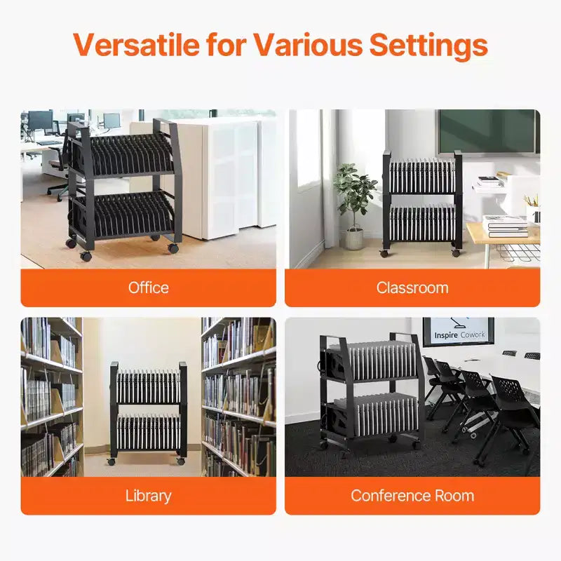 Chariot de chargement VEVOR pour ordinateurs portables, station de chargement mobile ouverte à roulettes pour 32 appareils, pour tablettes et ordinateurs portables jusqu'à 15,6 pouces, noir