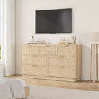 Commode à 6/7/9 tiroirs en rotin style bohème avec poignées dorées, meuble de rangement moderne en bois noir, grand organisateur pour chambre, salon et couloir