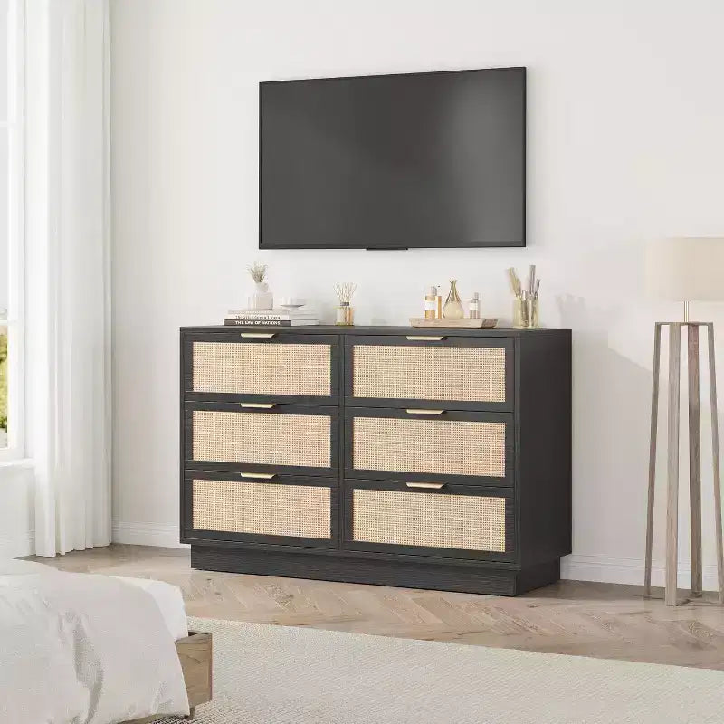 Commode à 6/7/9 tiroirs en rotin style bohème avec poignées dorées, meuble de rangement moderne en bois noir, grand organisateur pour chambre, salon et couloir