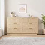 Commode à 6/7/9 tiroirs en rotin style bohème avec poignées dorées, meuble de rangement moderne en bois noir, grand organisateur pour chambre, salon et couloir