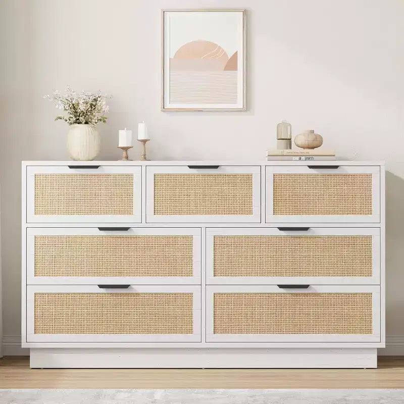 Commode à 6/7/9 tiroirs en rotin style bohème avec poignées dorées, meuble de rangement moderne en bois noir, grand organisateur pour chambre, salon et couloir