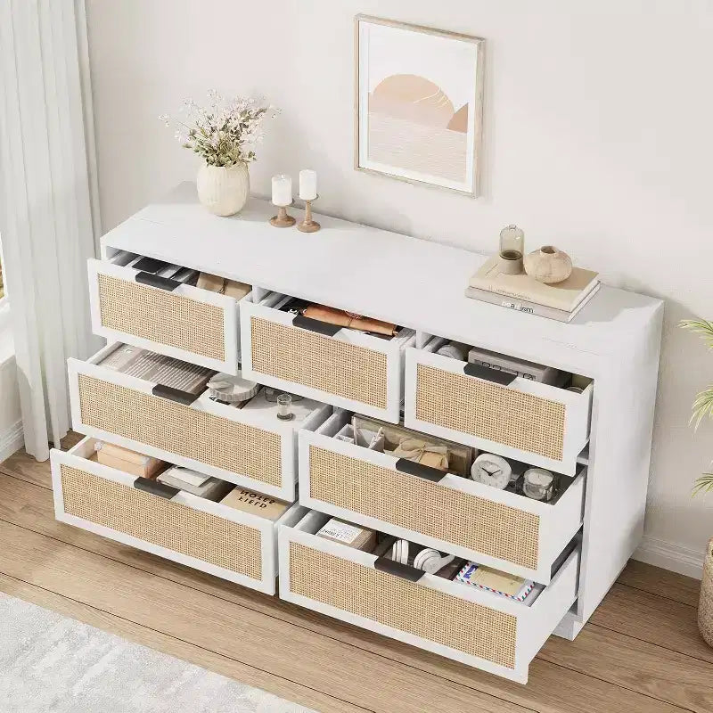 Commode à 6/7/9 tiroirs en rotin style bohème avec poignées dorées, meuble de rangement moderne en bois noir, grand organisateur pour chambre, salon et couloir