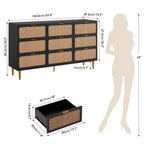 Commode à 6/7/9 tiroirs en rotin style bohème avec poignées dorées, meuble de rangement moderne en bois noir, grand organisateur pour chambre, salon et couloir