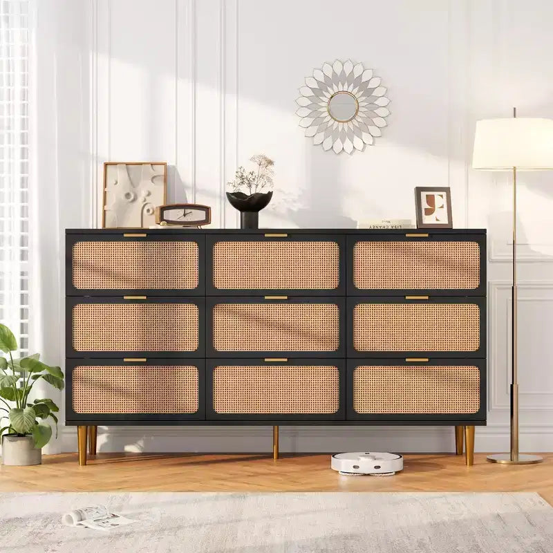 Commode à 6/7/9 tiroirs en rotin style bohème avec poignées dorées, meuble de rangement moderne en bois noir, grand organisateur pour chambre, salon et couloir