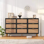 Commode à 6/7/9 tiroirs en rotin style bohème avec poignées dorées, meuble de rangement moderne en bois noir, grand organisateur pour chambre, salon et couloir