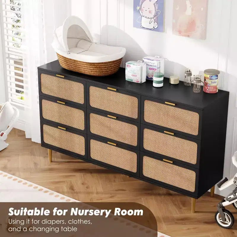 Commode à 6/7/9 tiroirs en rotin style bohème avec poignées dorées, meuble de rangement moderne en bois noir, grand organisateur pour chambre, salon et couloir