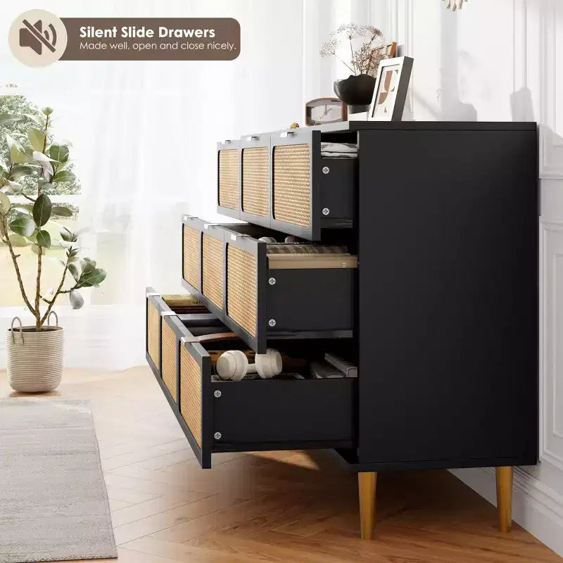 Commode à 6/7/9 tiroirs en rotin style bohème avec poignées dorées, meuble de rangement moderne en bois noir, grand organisateur pour chambre, salon et couloir