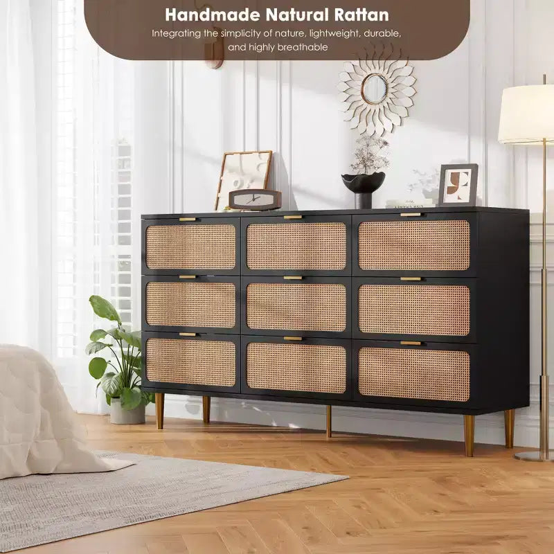 Commode à 6/7/9 tiroirs en rotin style bohème avec poignées dorées, meuble de rangement moderne en bois noir, grand organisateur pour chambre, salon et couloir