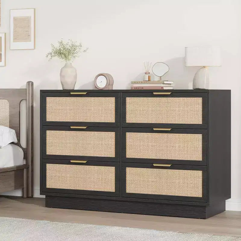 Commode à 6/7/9 tiroirs en rotin style bohème avec poignées dorées, meuble de rangement moderne en bois noir, grand organisateur pour chambre, salon et couloir