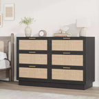 Commode à 6/7/9 tiroirs en rotin style bohème avec poignées dorées, meuble de rangement moderne en bois noir, grand organisateur pour chambre, salon et couloir