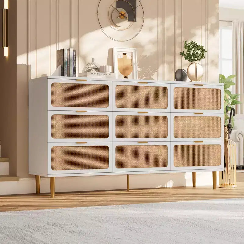 Commode à 6/7/9 tiroirs en rotin style bohème avec poignées dorées, meuble de rangement moderne en bois noir, grand organisateur pour chambre, salon et couloir