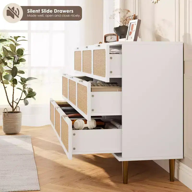 Commode à 6/7/9 tiroirs en rotin style bohème avec poignées dorées, meuble de rangement moderne en bois noir, grand organisateur pour chambre, salon et couloir