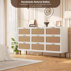 Commode à 6/7/9 tiroirs en rotin style bohème avec poignées dorées, meuble de rangement moderne en bois noir, grand organisateur pour chambre, salon et couloir
