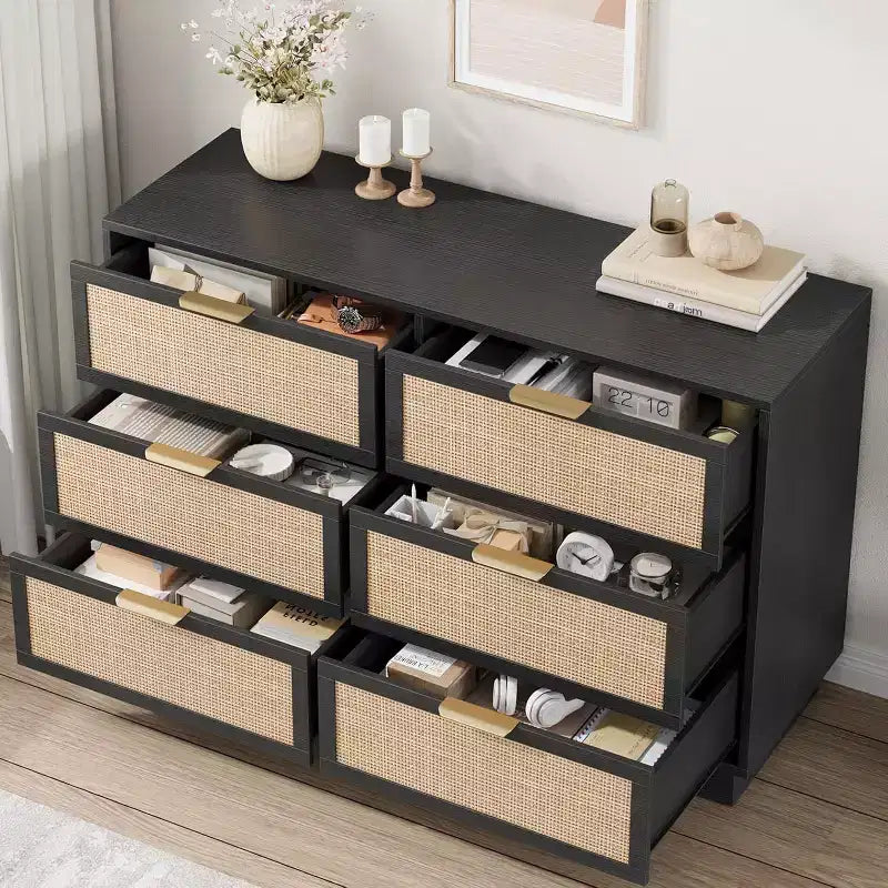 Commode à 6/7/9 tiroirs en rotin style bohème avec poignées dorées, meuble de rangement moderne en bois noir, grand organisateur pour chambre, salon et couloir