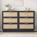 Boho Rattan 6/7/9-Drawer Dresser with Gold Handles, Modern Black Wood Storage Chest, Wide Organizer for Bedroom Living Room Hallway