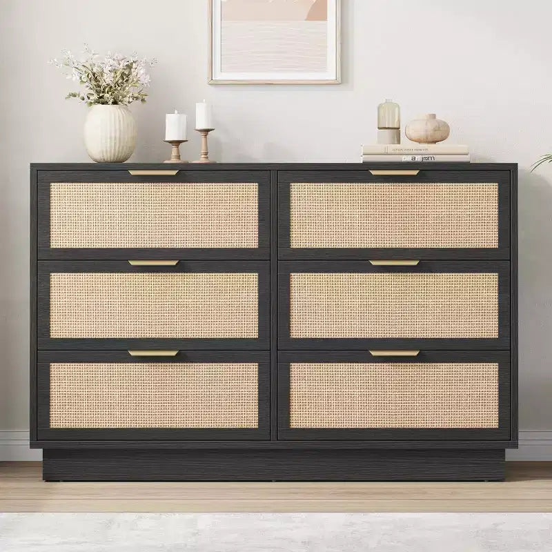 Boho Rattan 6/7/9-Drawer Dresser with Gold Handles, Modern Black Wood Storage Chest, Wide Organizer for Bedroom Living Room Hallway