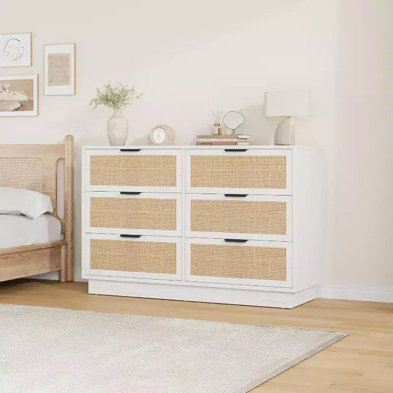 Commode à 6/7/9 tiroirs en rotin style bohème avec poignées dorées, meuble de rangement moderne en bois noir, grand organisateur pour chambre, salon et couloir
