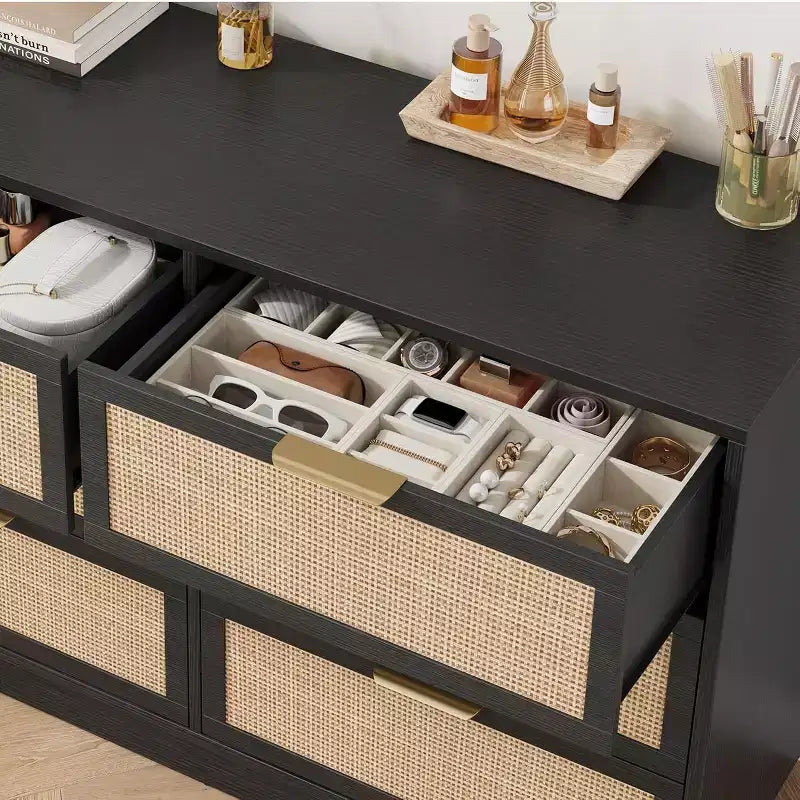 Commode à 6/7/9 tiroirs en rotin style bohème avec poignées dorées, meuble de rangement moderne en bois noir, grand organisateur pour chambre, salon et couloir
