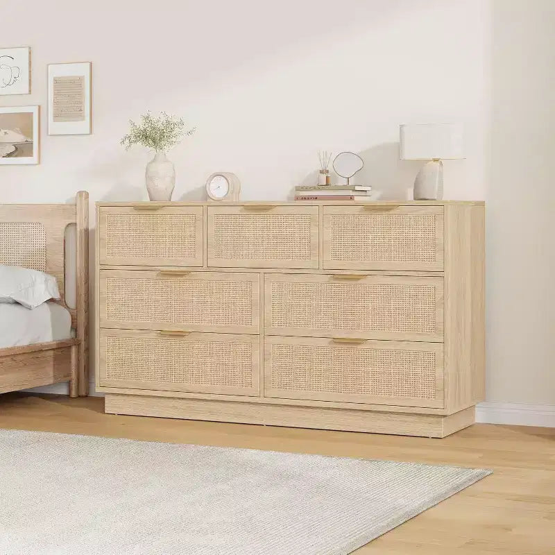 Commode à 6/7/9 tiroirs en rotin style bohème avec poignées dorées, meuble de rangement moderne en bois noir, grand organisateur pour chambre, salon et couloir