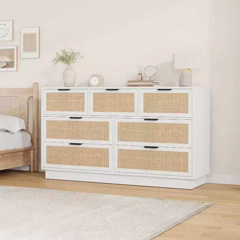 Commode à 6/7/9 tiroirs en rotin style bohème avec poignées dorées, meuble de rangement moderne en bois noir, grand organisateur pour chambre, salon et couloir