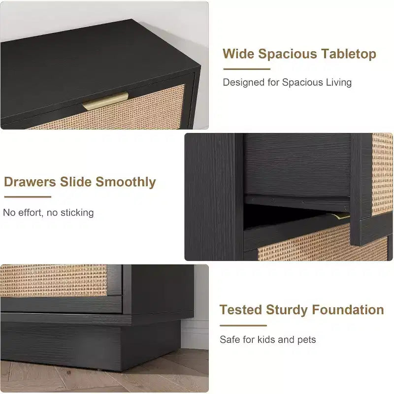 Commode à 6/7/9 tiroirs en rotin style bohème avec poignées dorées, meuble de rangement moderne en bois noir, grand organisateur pour chambre, salon et couloir