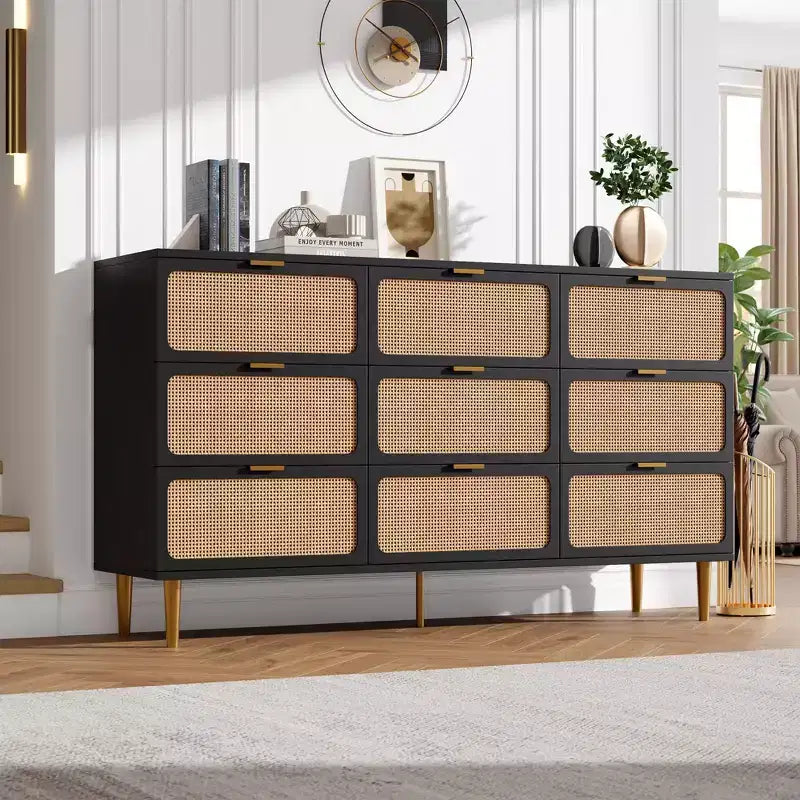 Commode à 6/7/9 tiroirs en rotin style bohème avec poignées dorées, meuble de rangement moderne en bois noir, grand organisateur pour chambre, salon et couloir