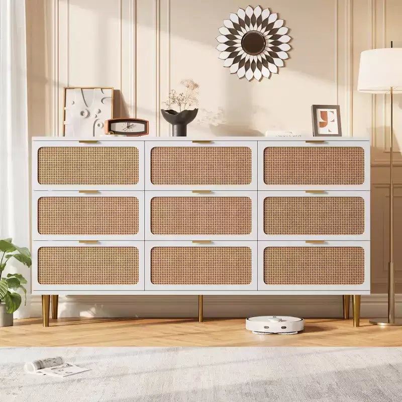 Commode à 6/7/9 tiroirs en rotin style bohème avec poignées dorées, meuble de rangement moderne en bois noir, grand organisateur pour chambre, salon et couloir