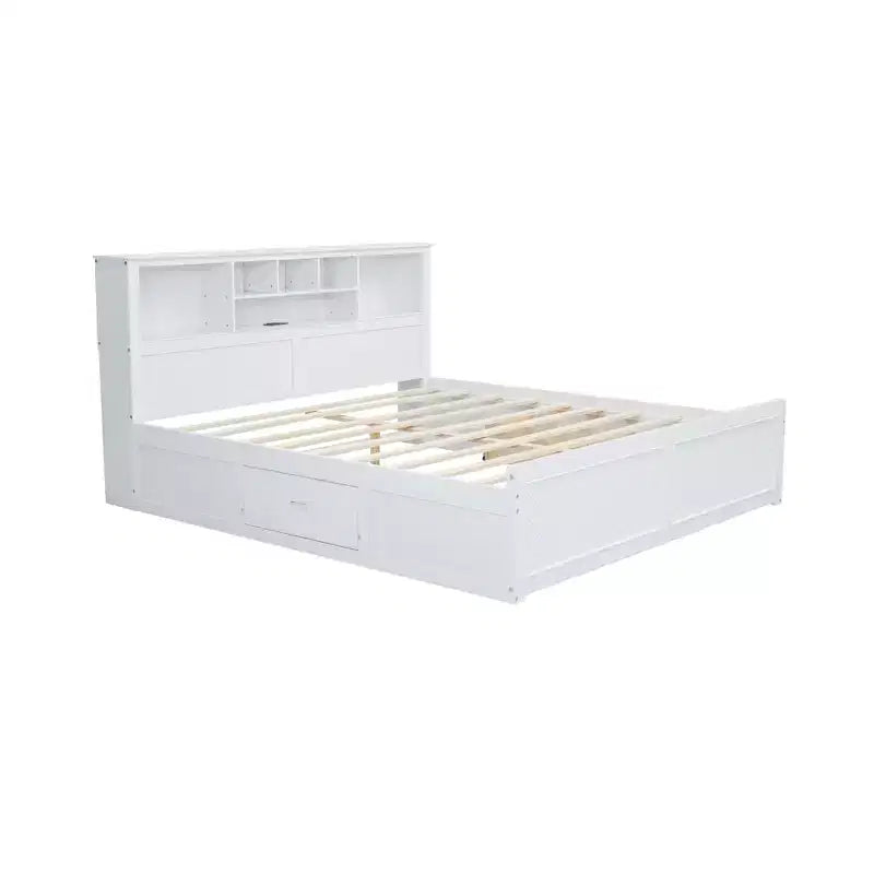 FAMYYT Lit plateforme en bois king size avec tête de lit multi-rangements, USB et tiroirs, montage facile