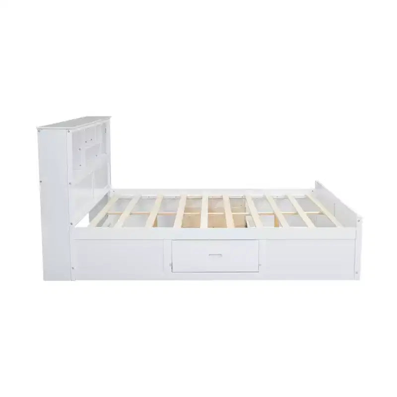 FAMYYT Lit plateforme en bois king size avec tête de lit multi-rangements, USB et tiroirs, montage facile