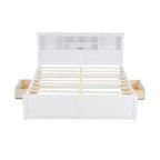 FAMYYT Lit plateforme en bois king size avec tête de lit multi-rangements, USB et tiroirs, montage facile