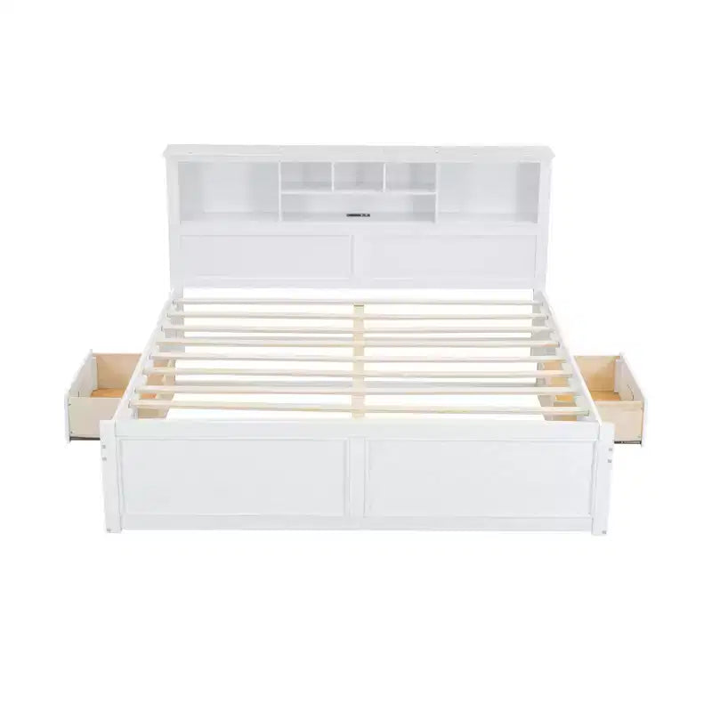 FAMYYT Lit plateforme en bois king size avec tête de lit multi-rangements, USB et tiroirs, montage facile