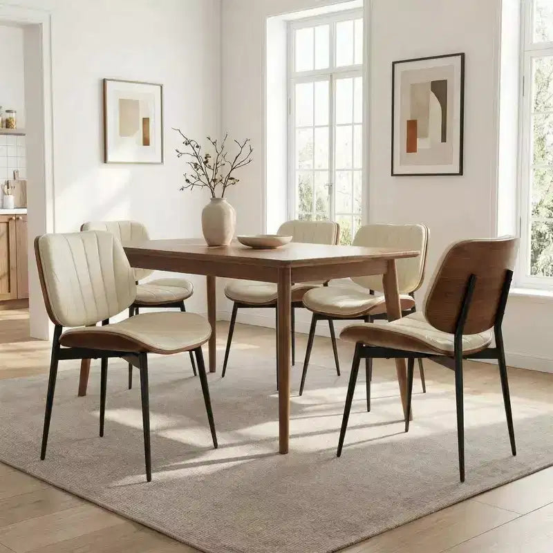 Lot de 2 chaises de salle à manger modernes du milieu du siècle, revêtues de cuir PU avec dossier incurvé en bois de noyer, pieds en métal noir pour cuisine et salle à manger