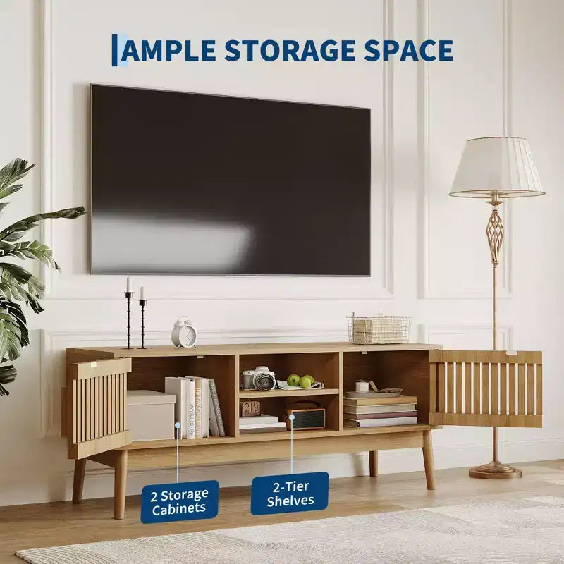 Meuble TV Boho Moderne pour Salon Table Console Multimédia avec Portes Cannelées, Étagères Ouvertes, Meuble de Rangement Convient aux Téléviseurs Jusqu'à 50 Pouces