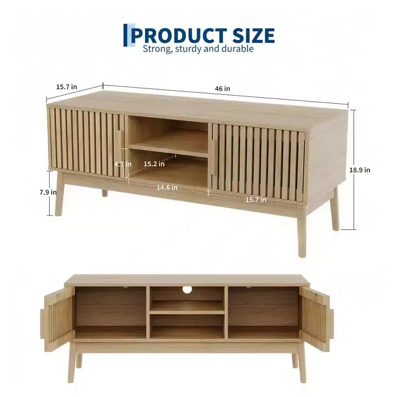 Meuble TV Boho Moderne pour Salon Table Console Multimédia avec Portes Cannelées, Étagères Ouvertes, Meuble de Rangement Convient aux Téléviseurs Jusqu'à 50 Pouces