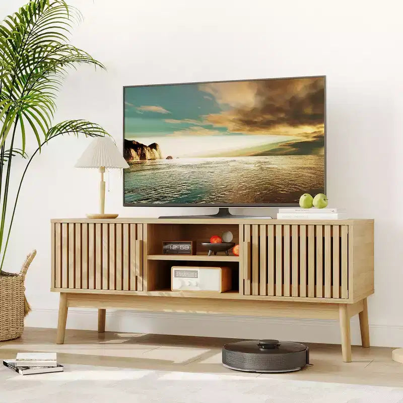 Meuble TV Boho Moderne pour Salon Table Console Multimédia avec Portes Cannelées, Étagères Ouvertes, Meuble de Rangement Convient aux Téléviseurs Jusqu'à 50 Pouces