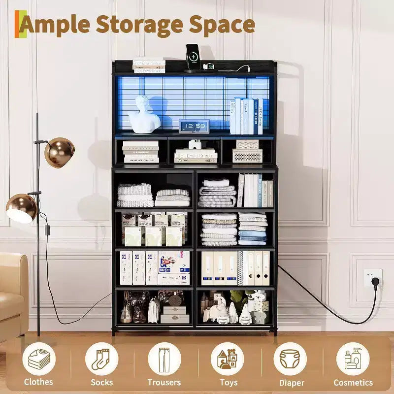 Commode intelligente Acekool, 11 tiroirs en tissu, station de charge avec 2 prises CA, 2 ports USB et tapis sans fil, lumières LED RVB contrôlées par application, anti-basculement, marron