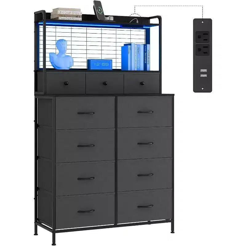 Commode intelligente Acekool, 11 tiroirs en tissu, station de charge avec 2 prises CA, 2 ports USB et tapis sans fil, lumières LED RVB contrôlées par application, anti-basculement, marron